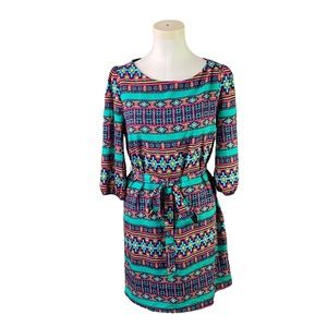ALYA Womens Scoop Neck 3/4 Sleeve Geometric print Belted Chiffon Dress